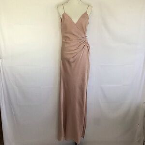 MANIJU WOMEN ELEGANT BLUSH PINK STATIN SPAGETTI RUCHING MAXI EVENT DRESS SZ M